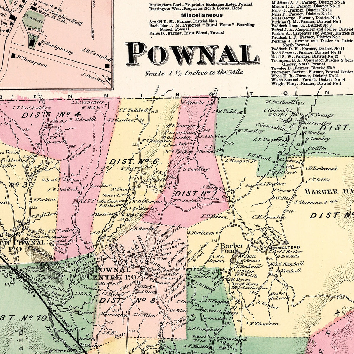 Restored historic details from the 1869 township map of Pownal, Vermont