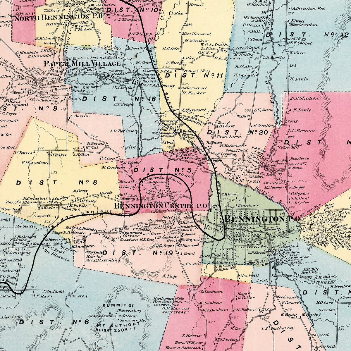 Restored historic details from the 1869 township map of Bennington County, Vermont