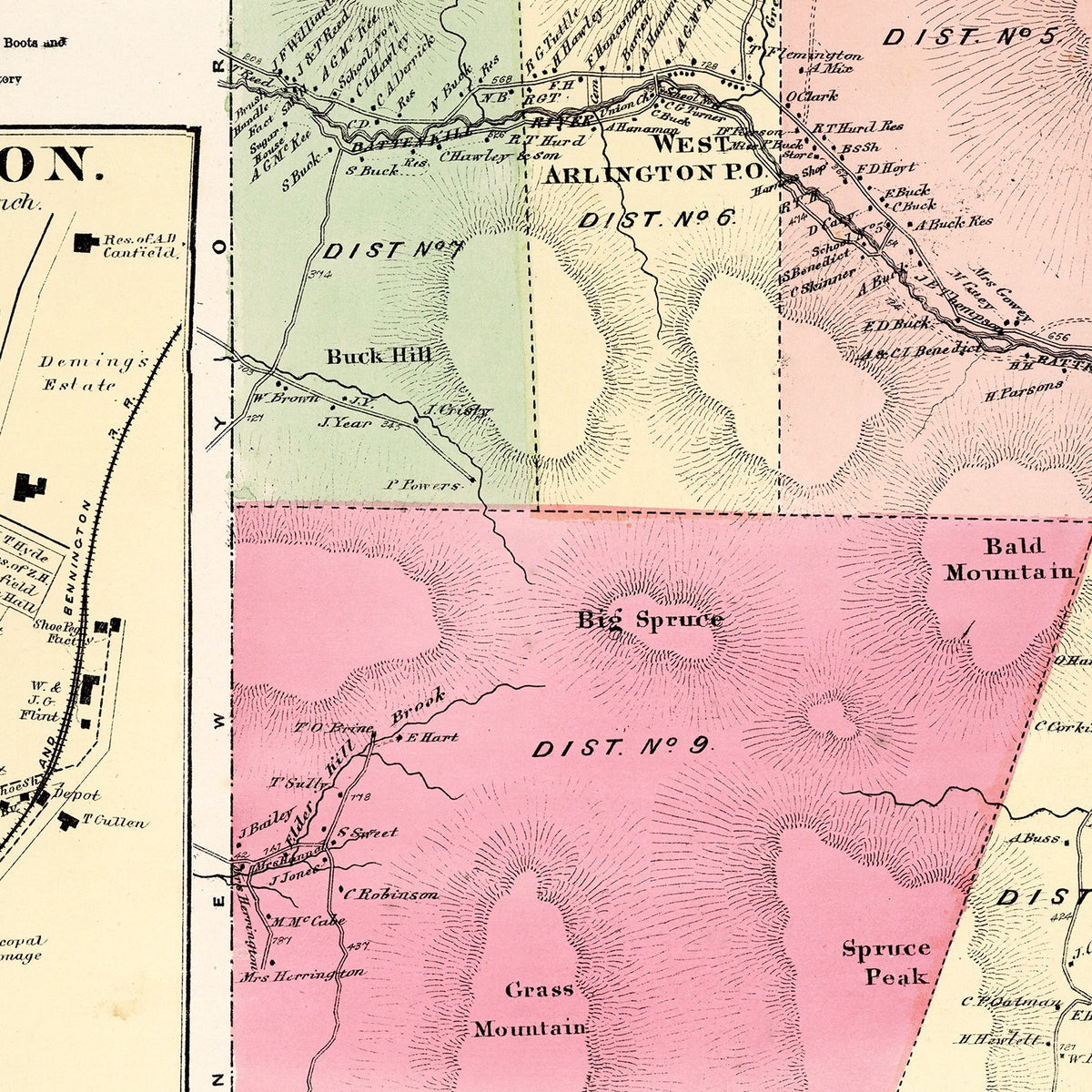 Restored historic details from the 1869 township map of Bennington County, Vermont