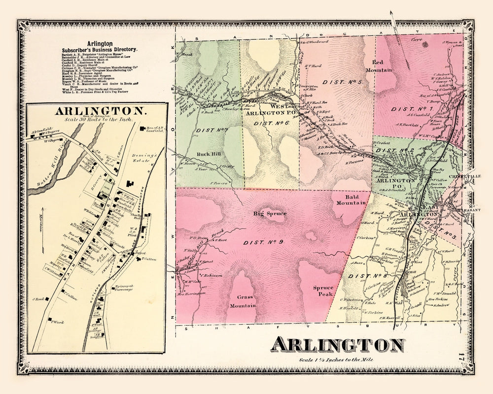 Vintage Map of Arlington Township, Bennington County, Vermont 1869 print style example
