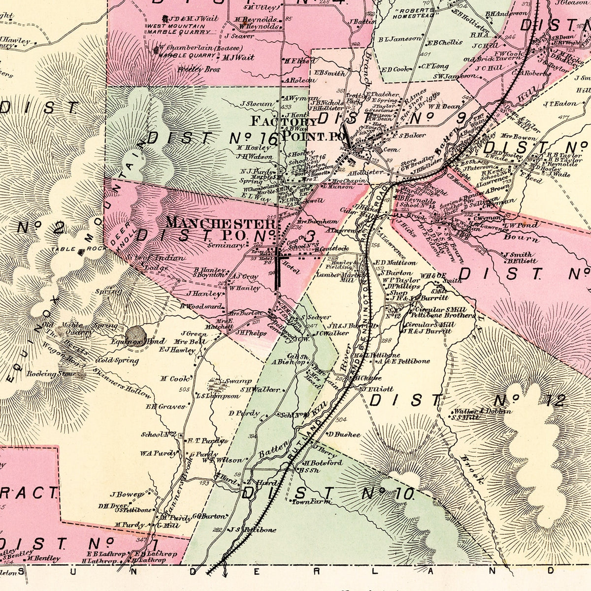 Restored historic details from the 1869 township map of Bennington County, Vermont