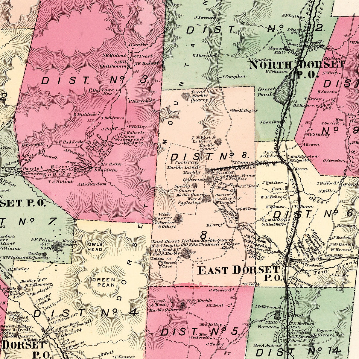 Restored historic details from the 1869 township map of Bennington County, Vermont