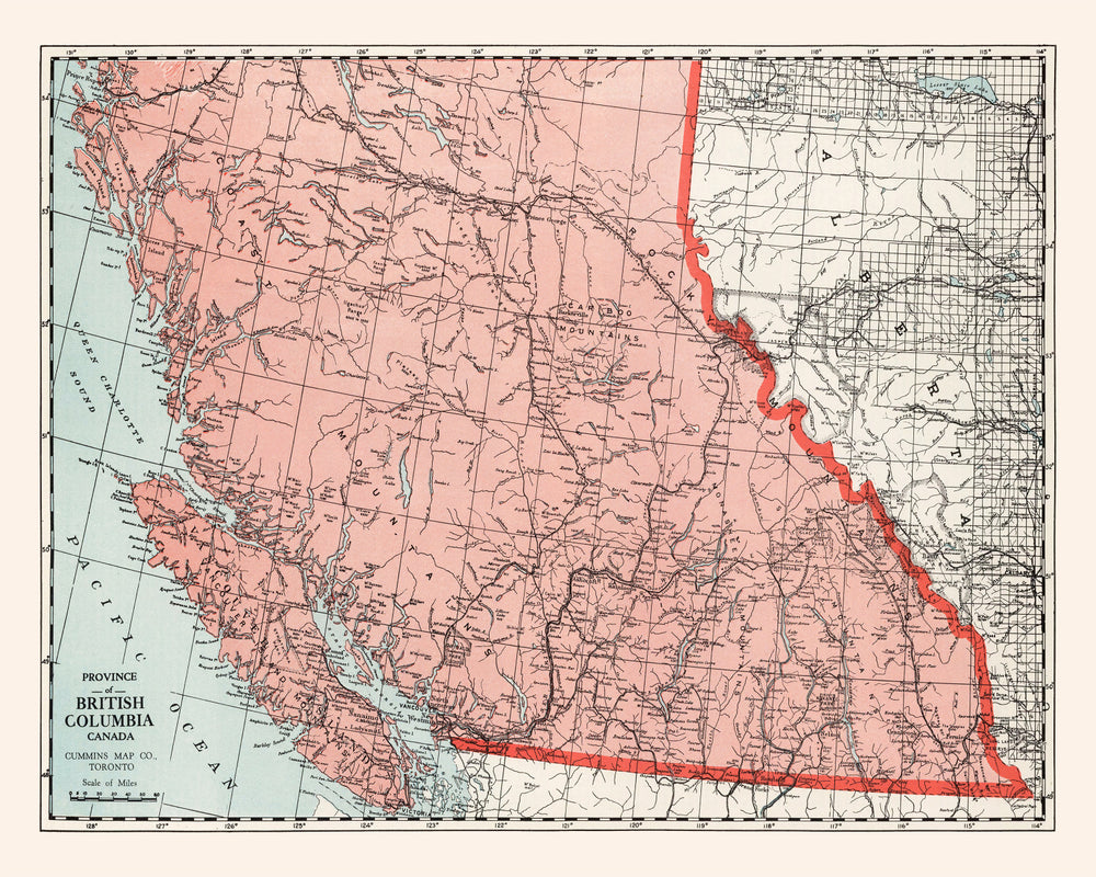 Vintage Map of British Columbia Canada, 1925 print style example