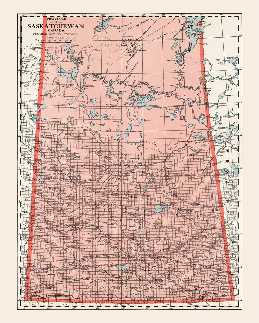 Vintage Map of Saskatchewan Canada, 1925 print style example