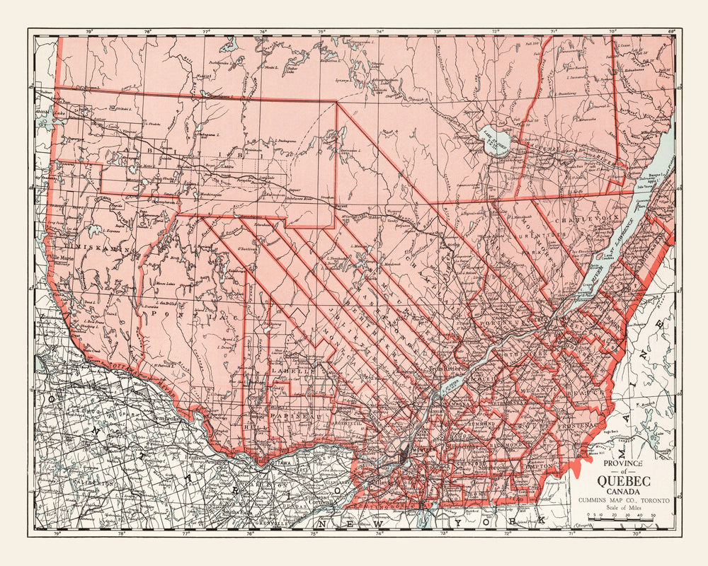 Vintage Map of Quebec Canada, 1925 print style example
