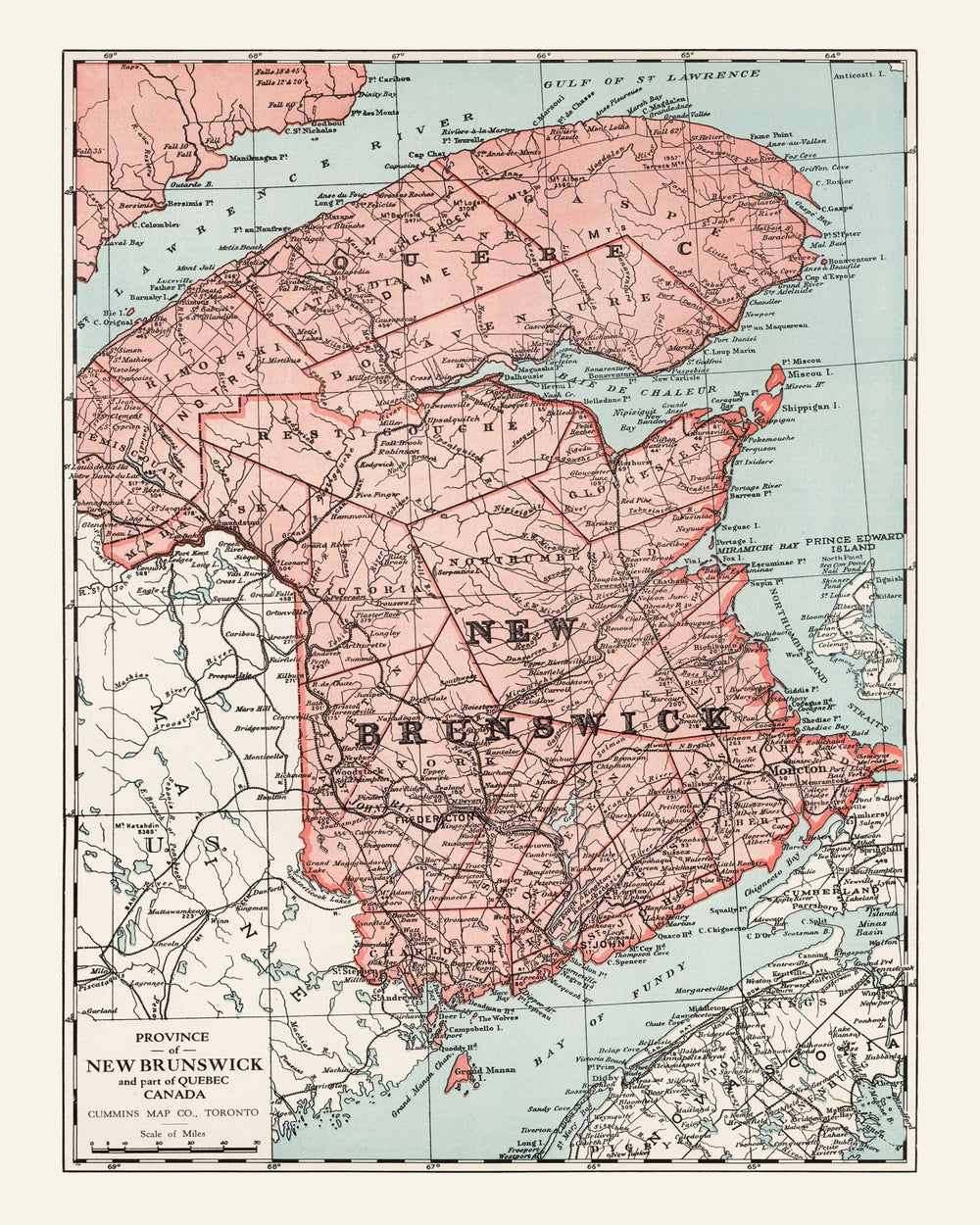 Vintage Map of New Brunswick Canada, 1925 print style example