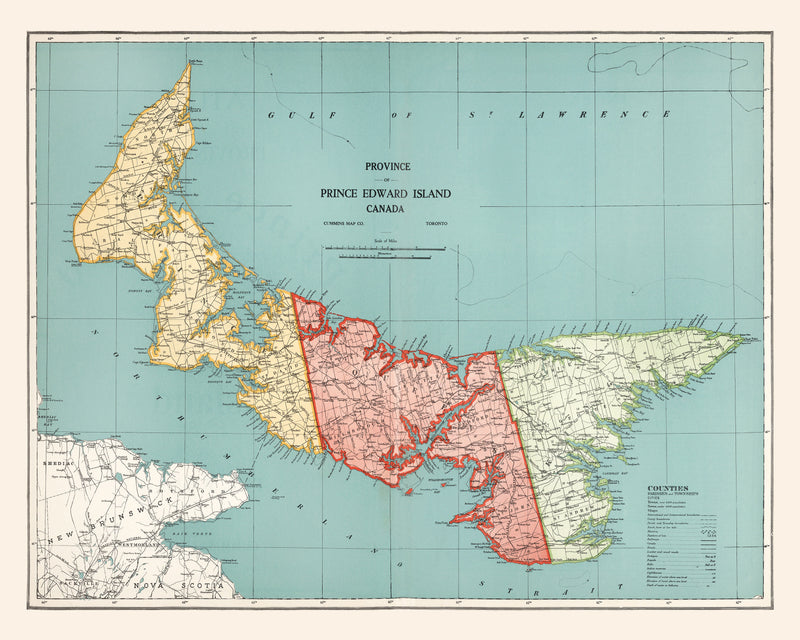 Size comparison using Vintage Map of Prince Edward Island Canada, 1925