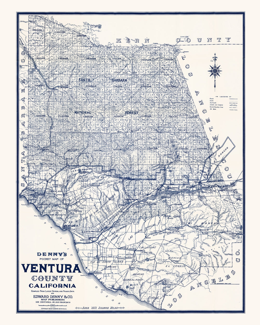 Vintage Map of Ventura County, California 1913 print style example