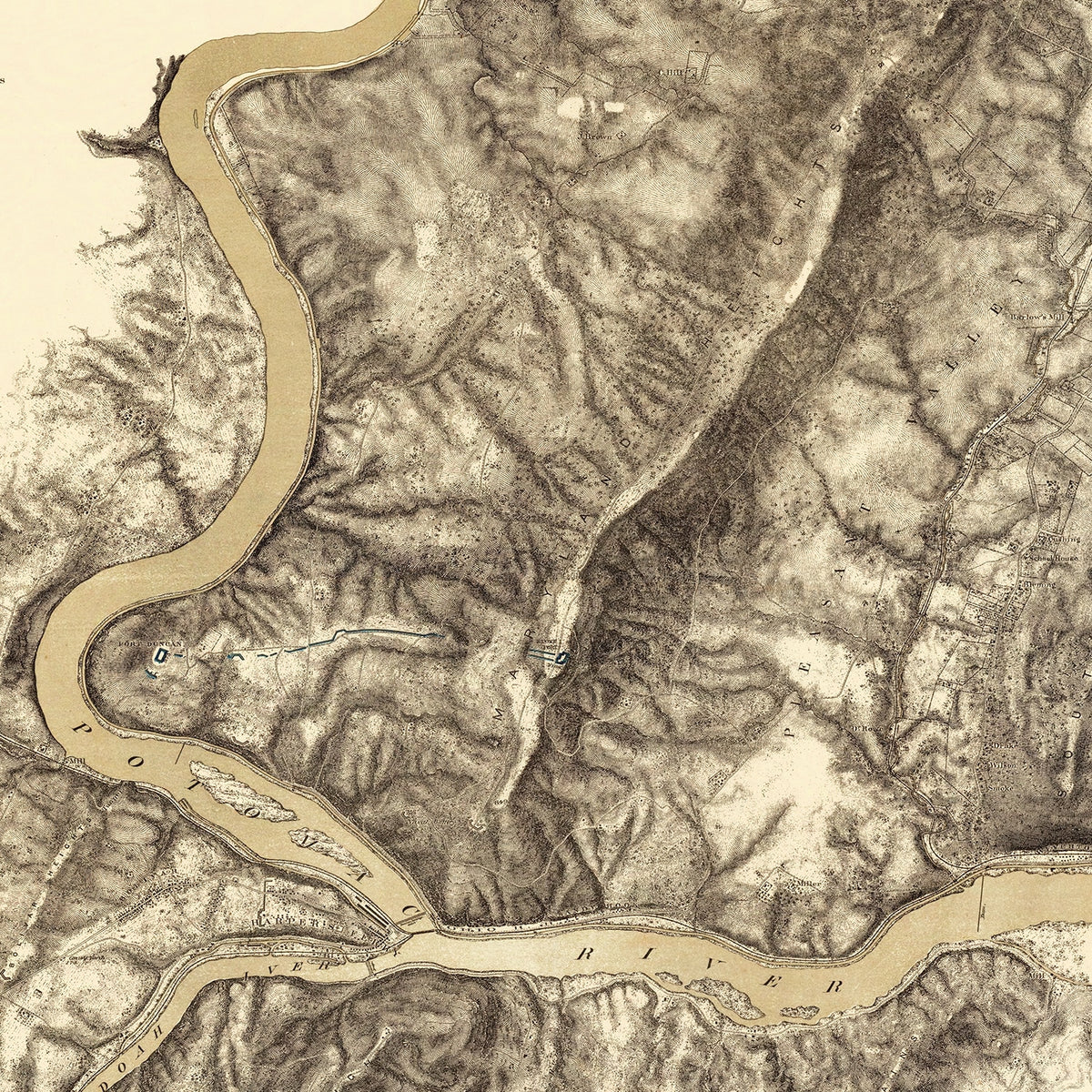Restored historic details from the 1869 city map of Harpers Ferry, West Virginia