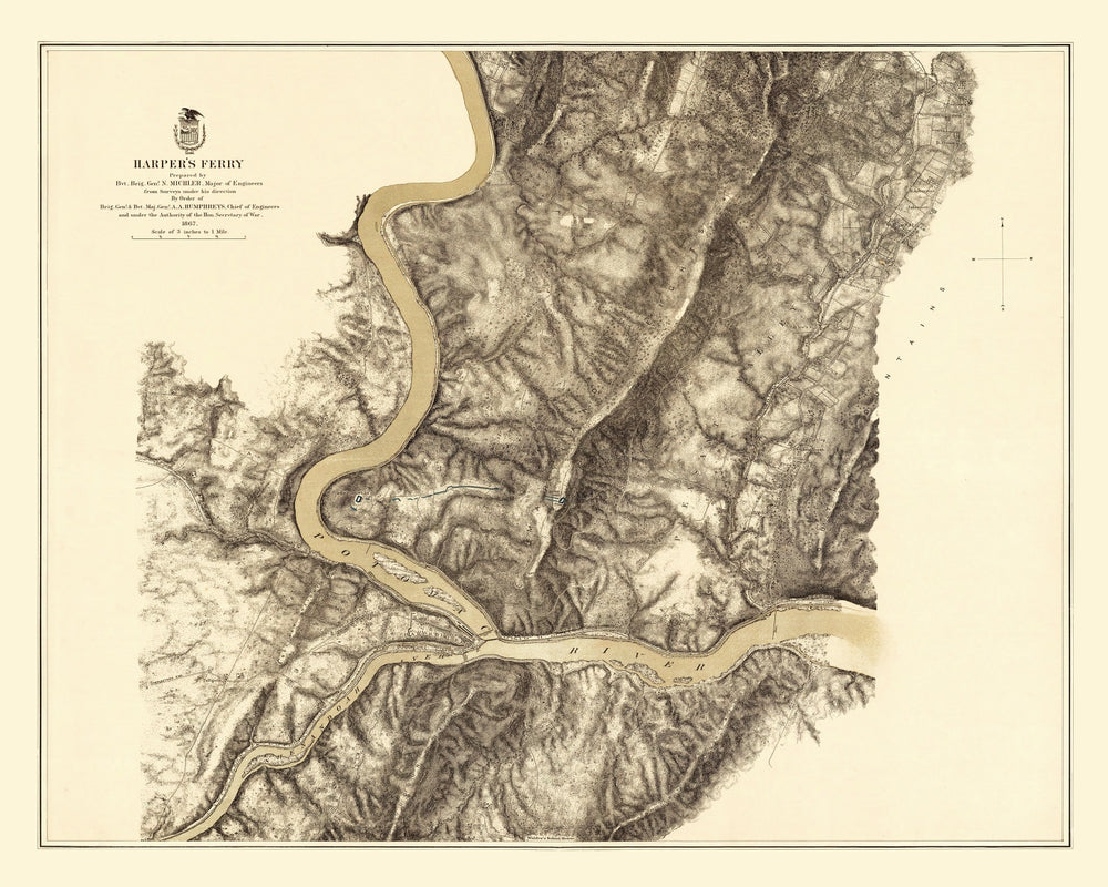 Vintage Map of Harpers Ferry, West Virginia 1869 print style example