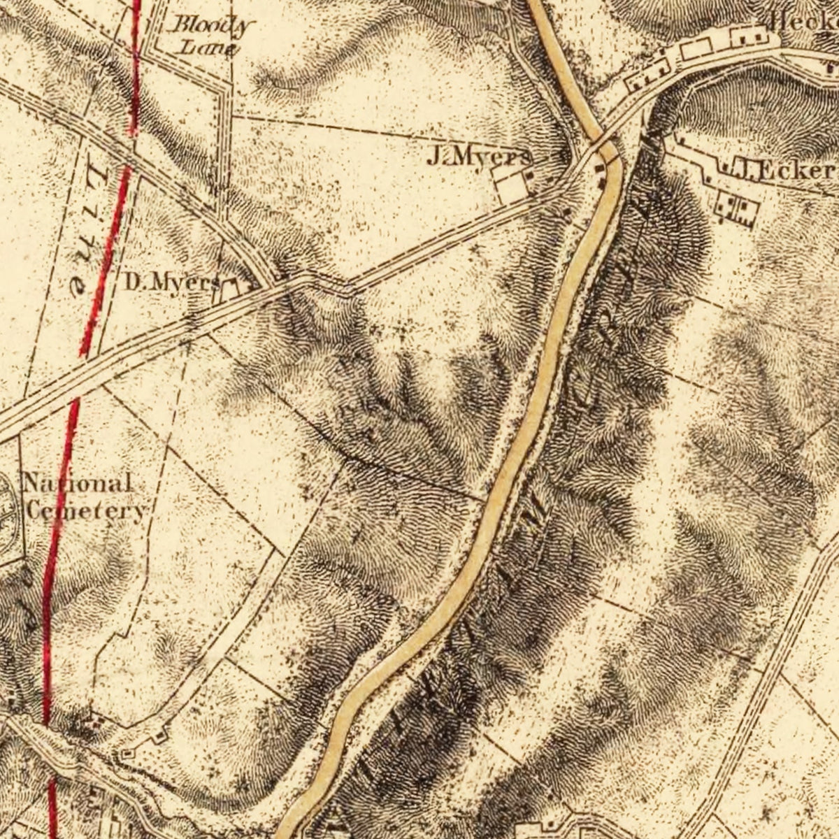 Restored historic details from the 1869 battlefield map of County, Maryland