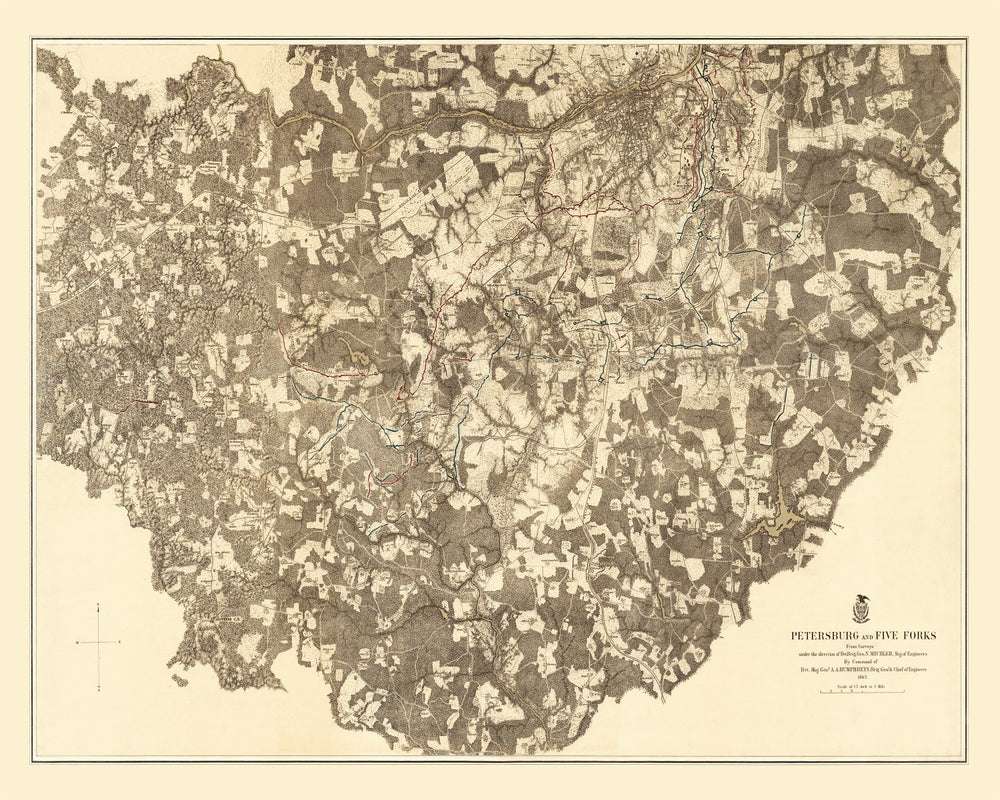 Vintage Map of the Battle of Petersburg & Five Forks, 1869 print style example