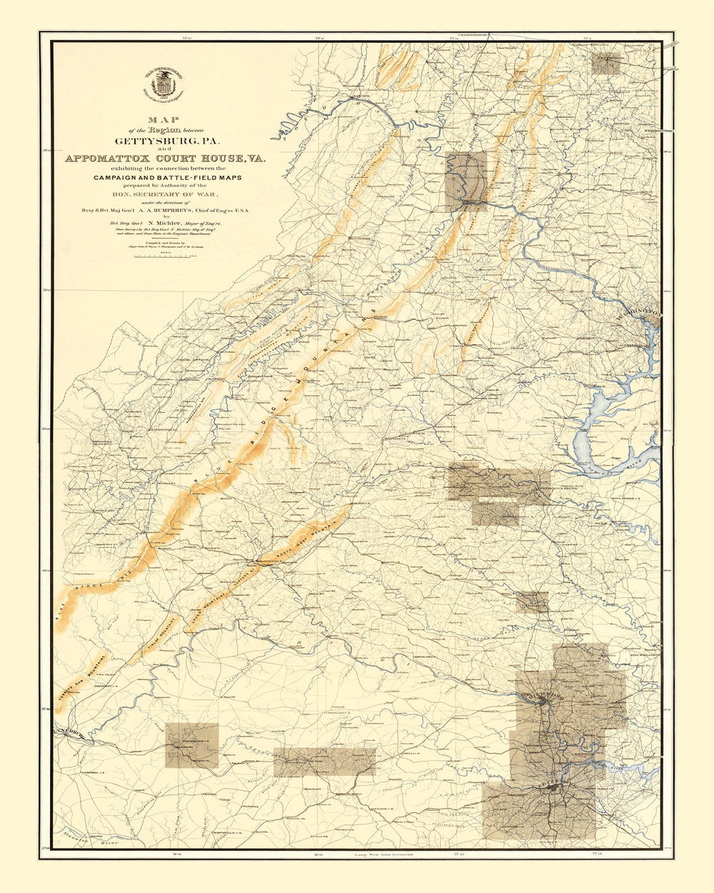 Vintage Map of the Gettysburg Pennsylvania Region, 1869 print style example
