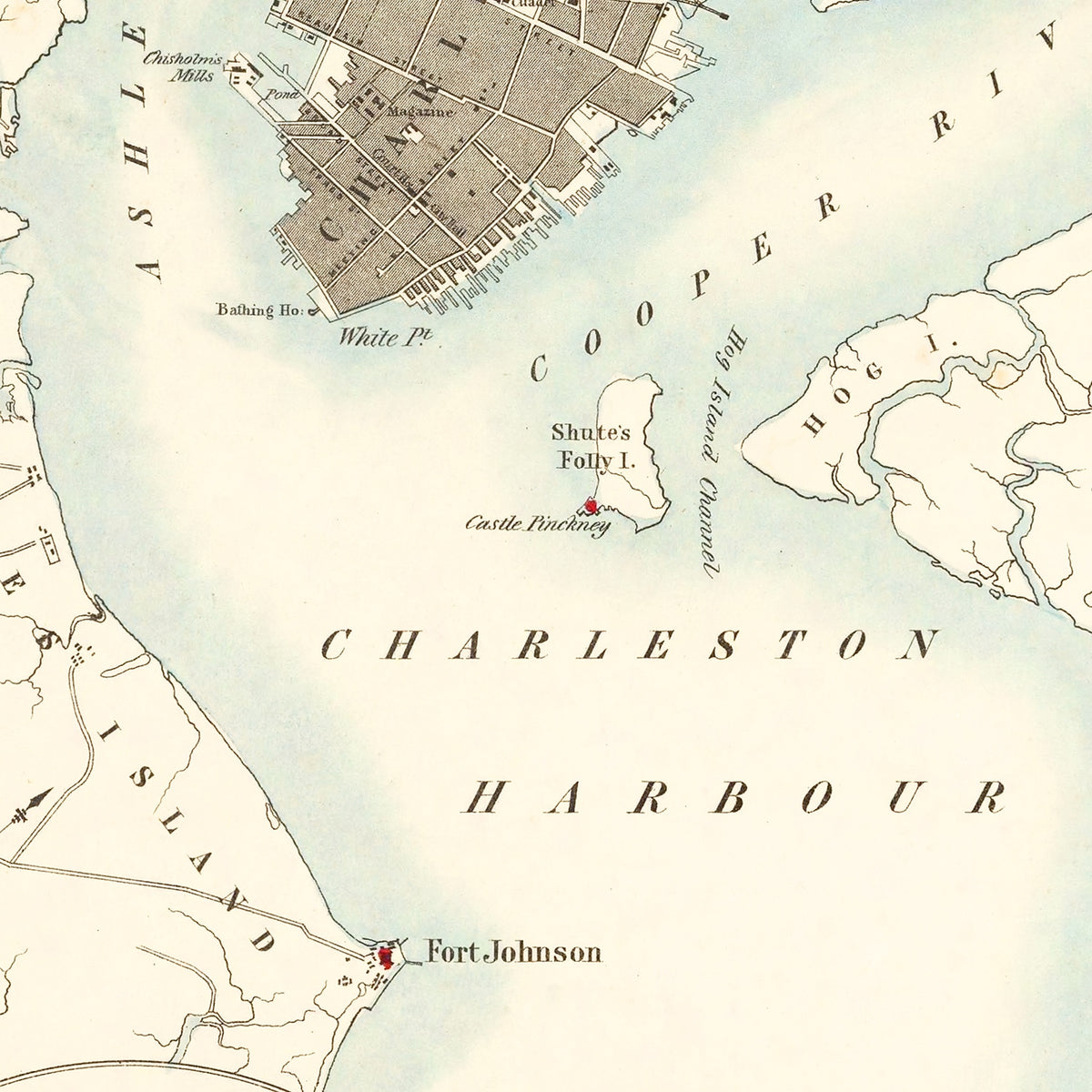 Restored historic details from the 1857 city map of Charleston, South Carolina