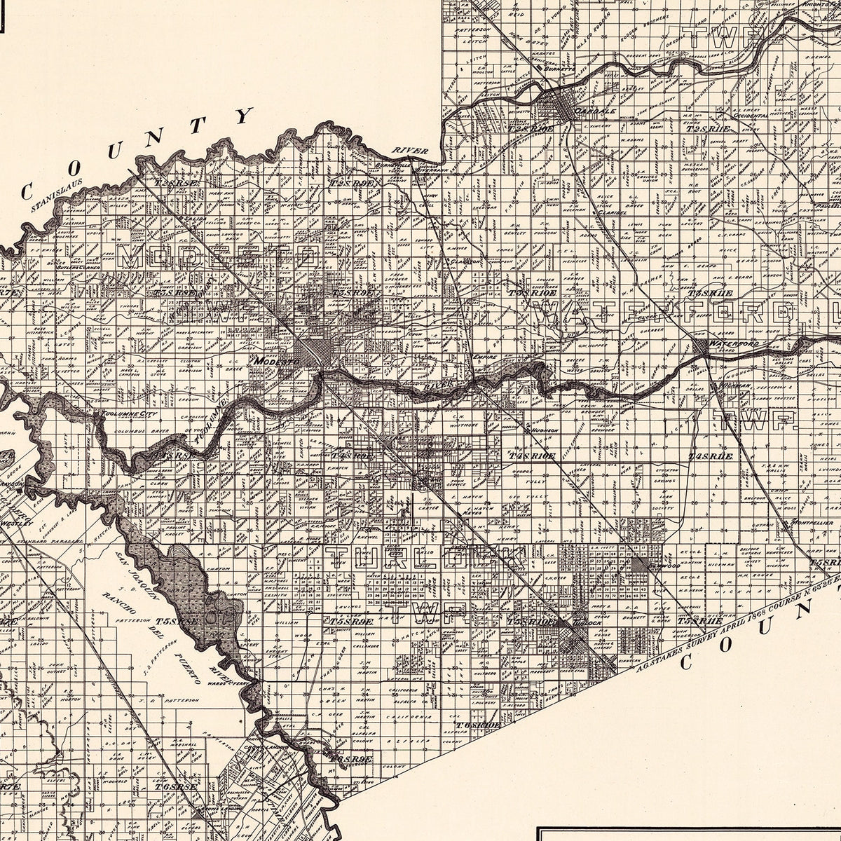 Restored historic details from the 1906 county map of Stanislaus County, California