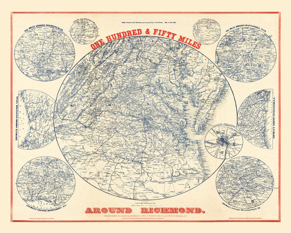 Vintage Map of the Richmond Virginia Region, 1864 print style example