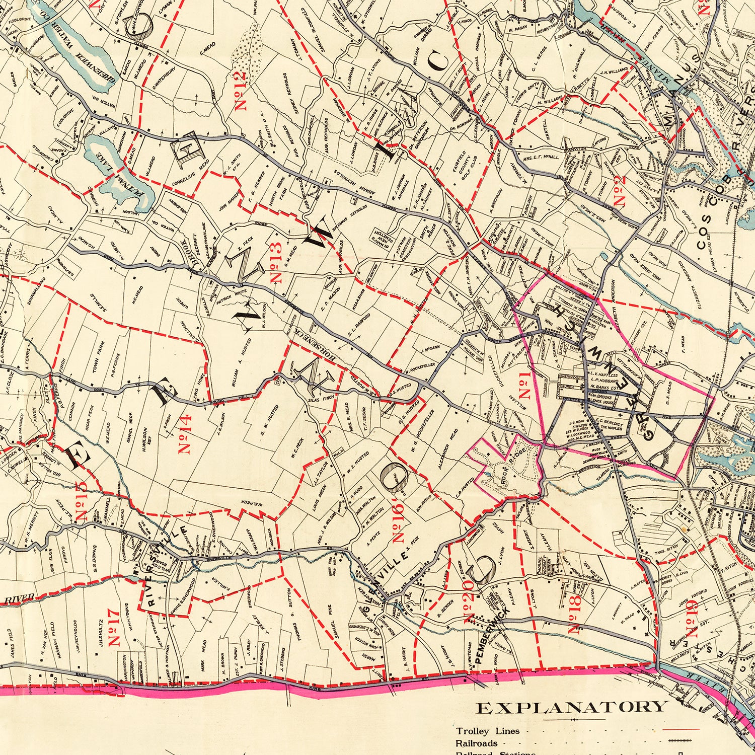 Restored historic details from the 1900 city map of Greenwich, Connecticut