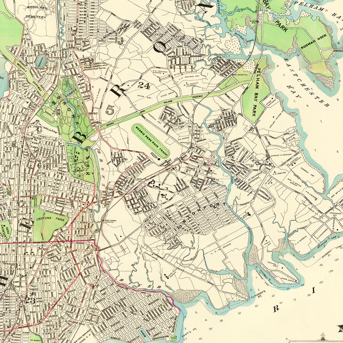 Restored historic details from the 1900 city map of Bronx, New York