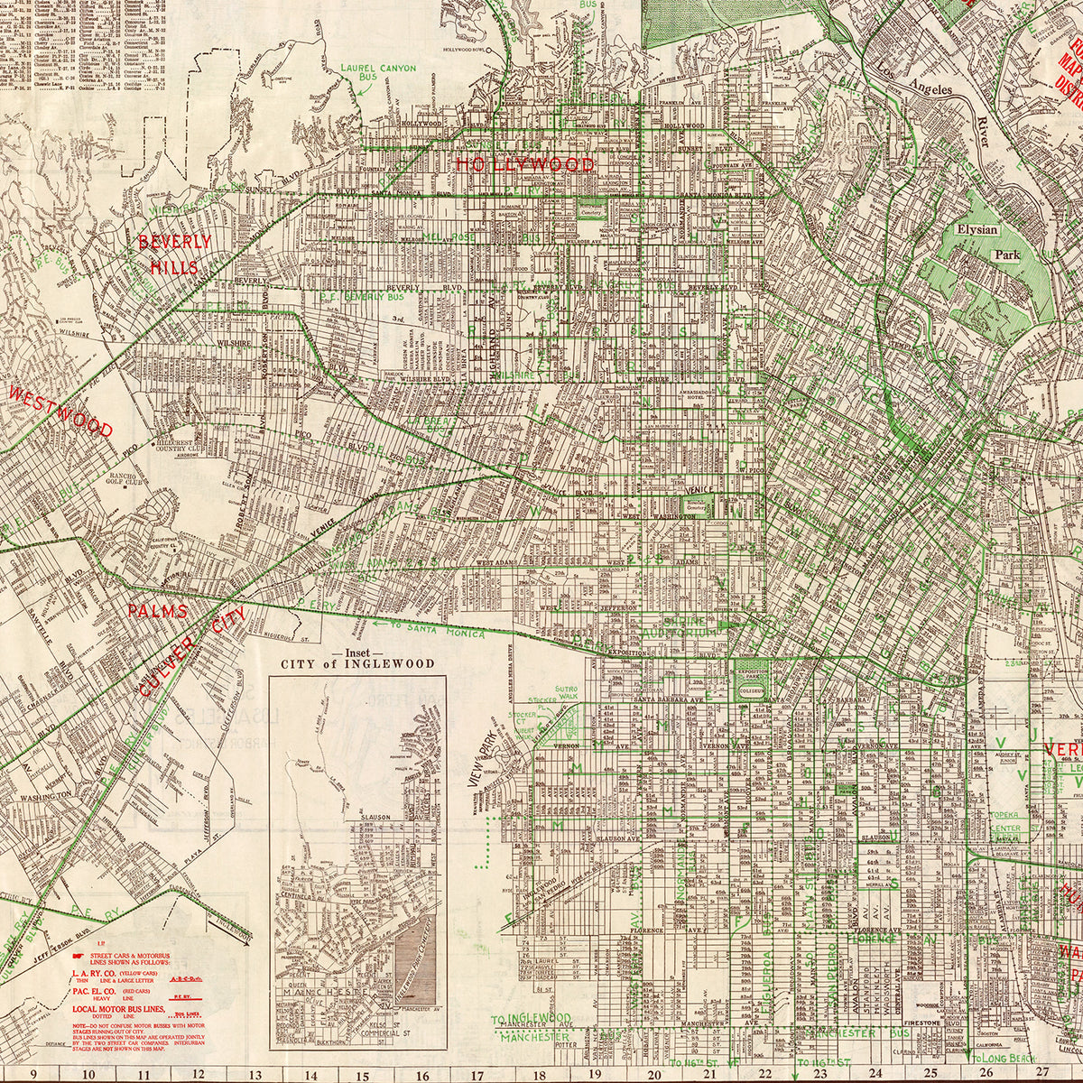 Restored historic details from the 1928 city map of Los Angeles, California