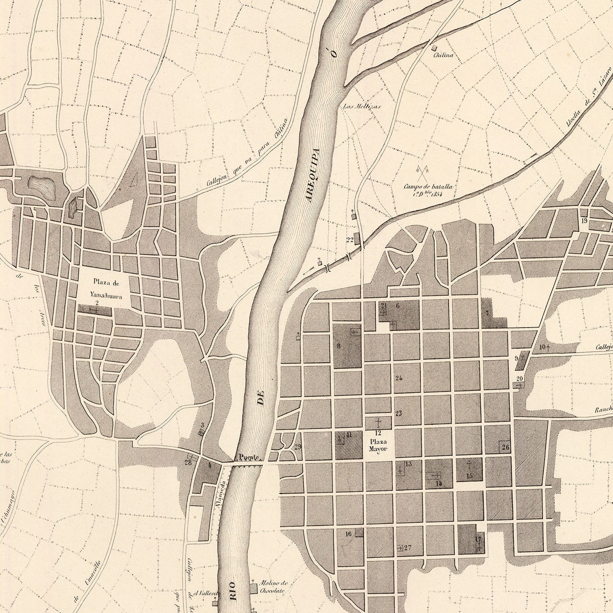 Restored historic details from the 1865 city map of Arequipa
