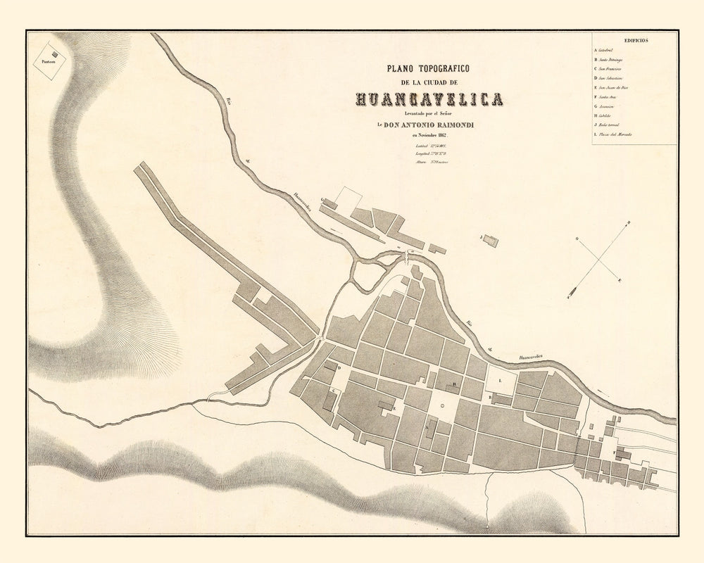 Vintage Map of Huancavelica, Peru 1865 print style example