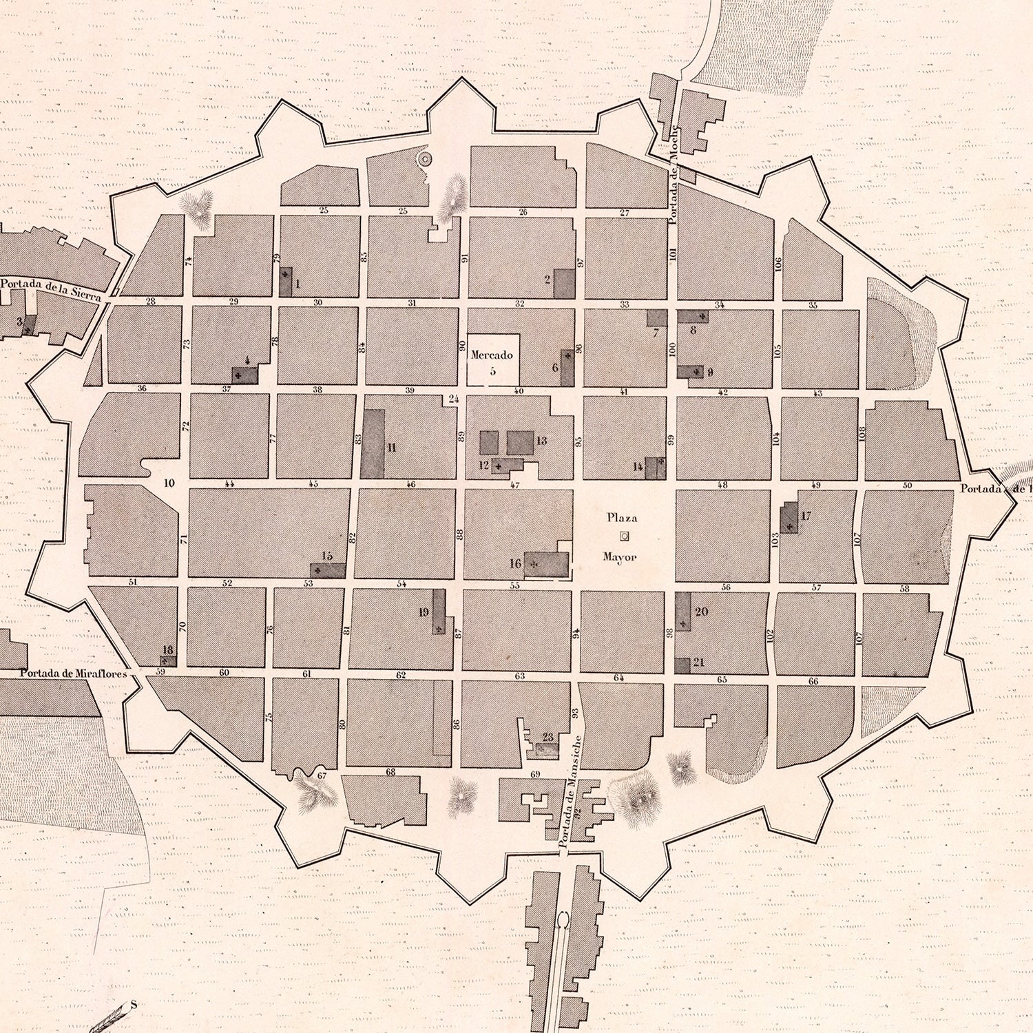 Restored historic details from the 1865 city map of Trujillo