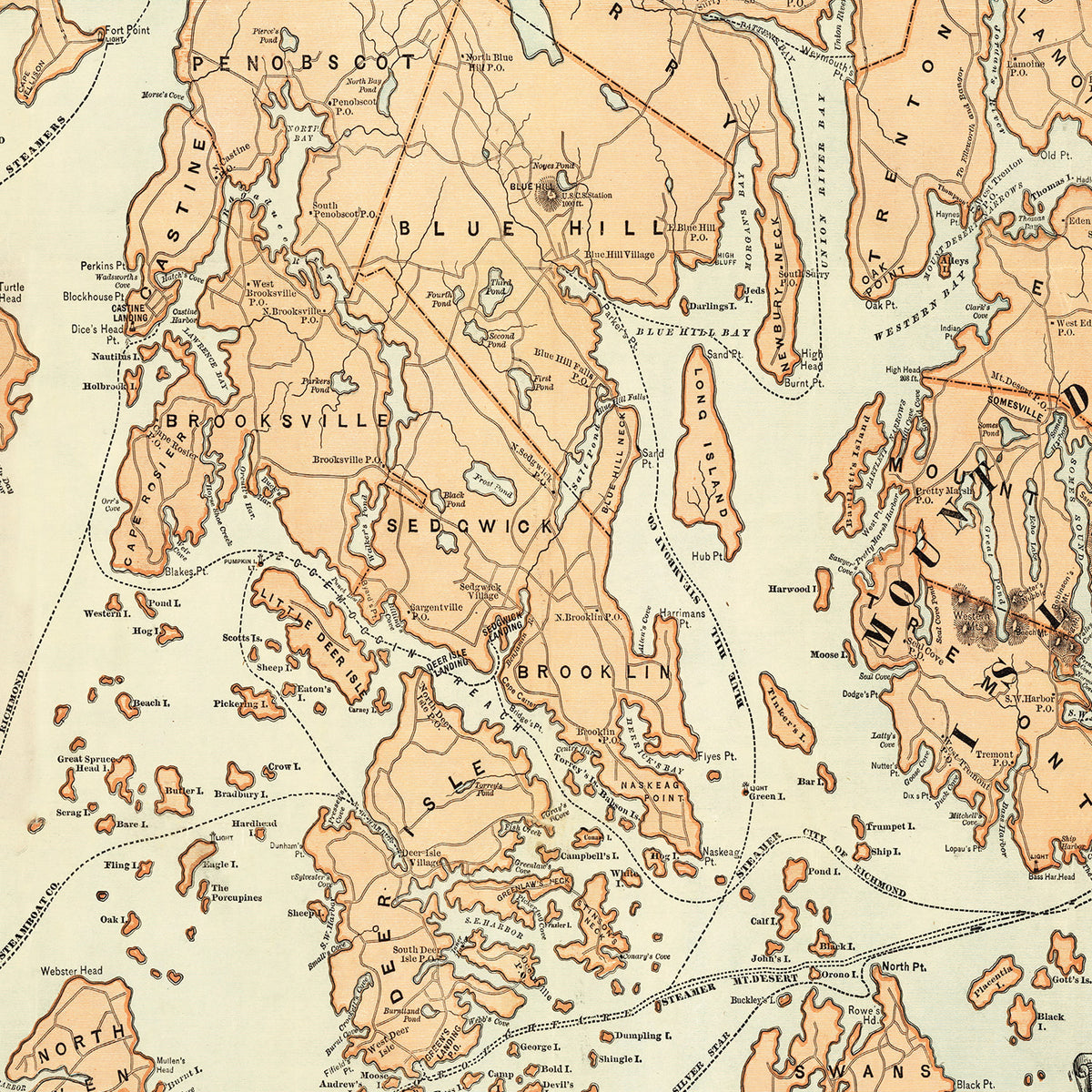 Restored historic details from the 1890 coastline map of Hancock County, Maine