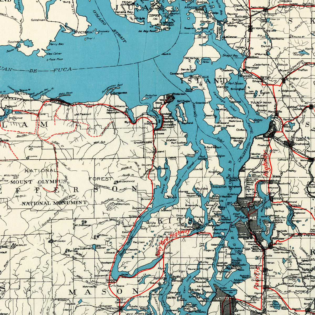 Restored historic details from the 1919 region map of County, Washington