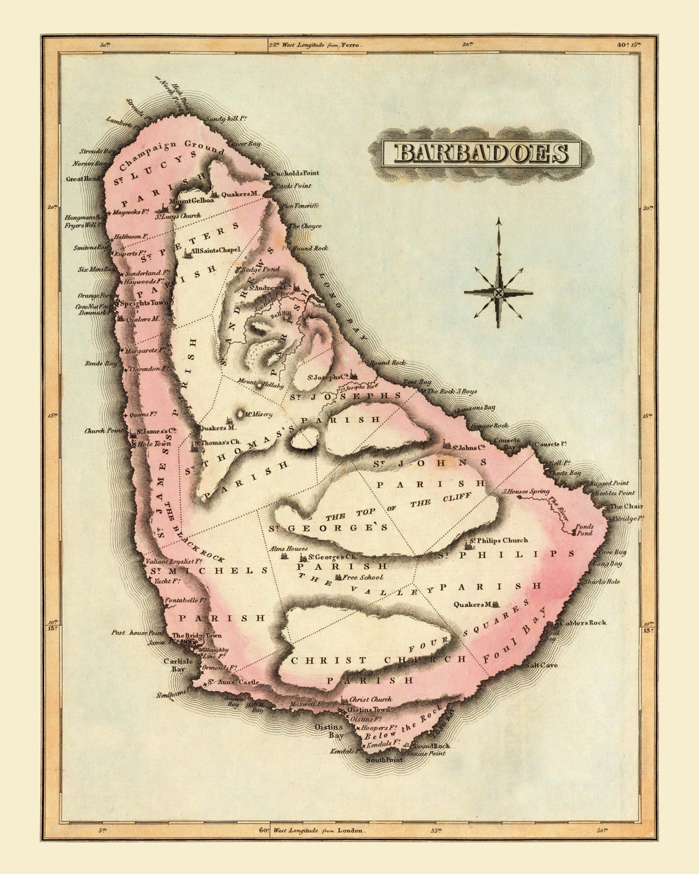 Vintage Map of Barbados 1823 print style example