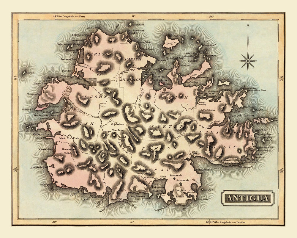 Vintage Map of Antigua, 1823 print style example