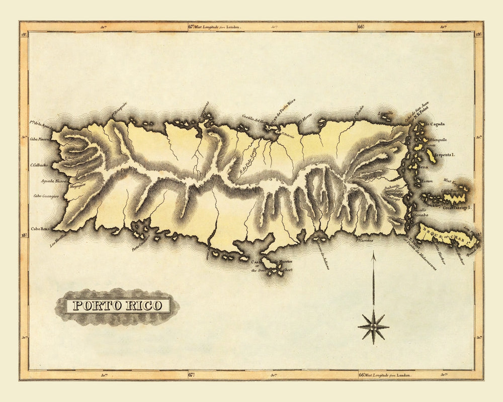 Vintage Map of Puerto Rico, 1823 print style example