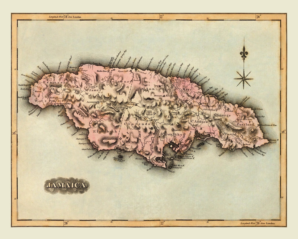 Vintage Map of Jamaica 1823 print style example