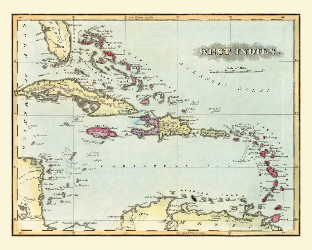 Vintage Map of West Indies, 1823 print style example