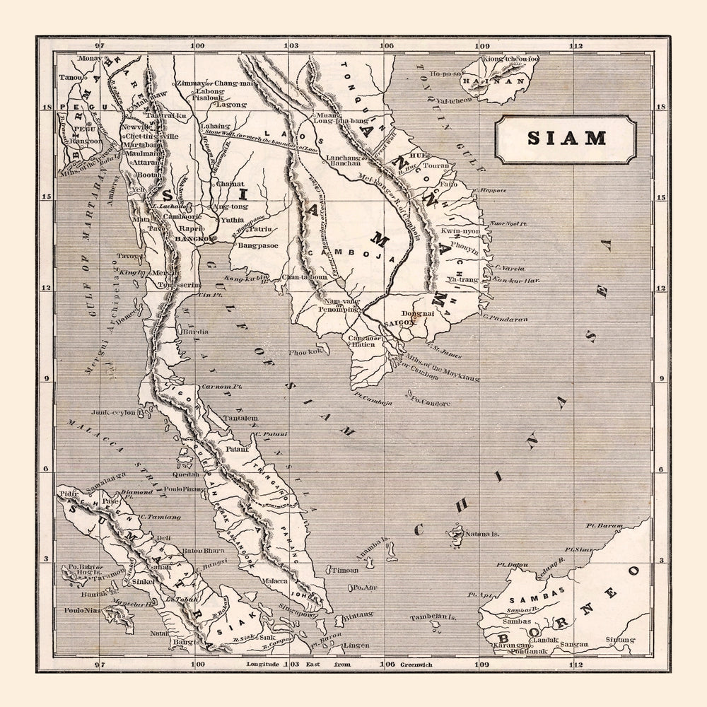 Vintage Map of Thailand 1848 print style example