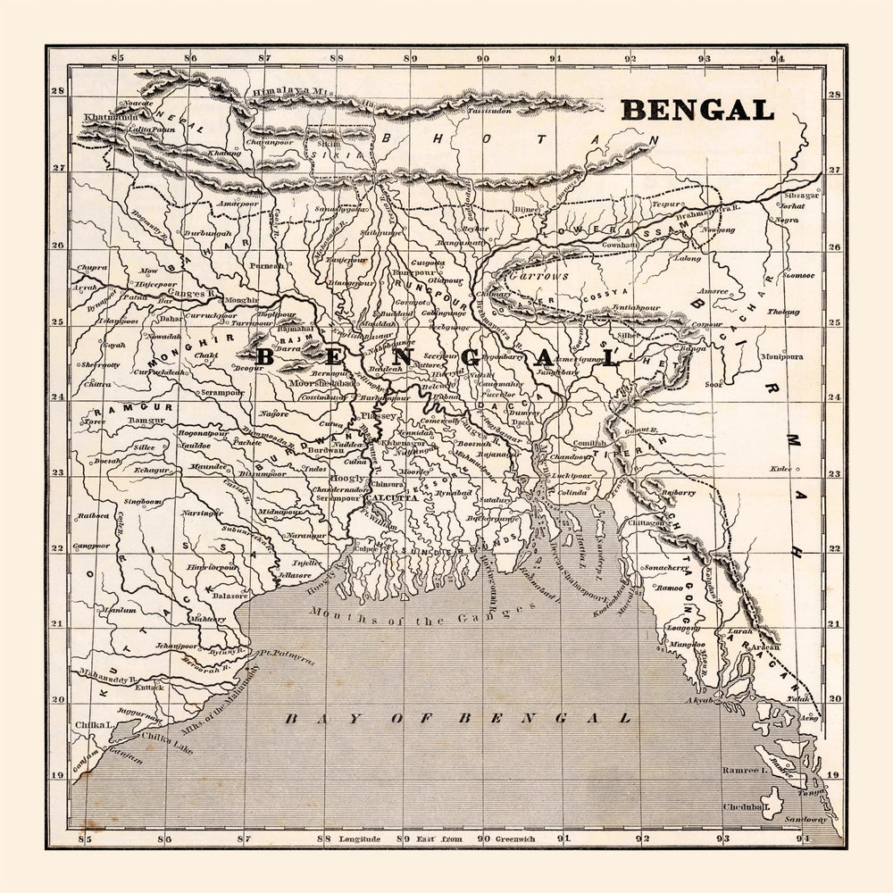 Vintage Map of Bengal, 1848 print style example