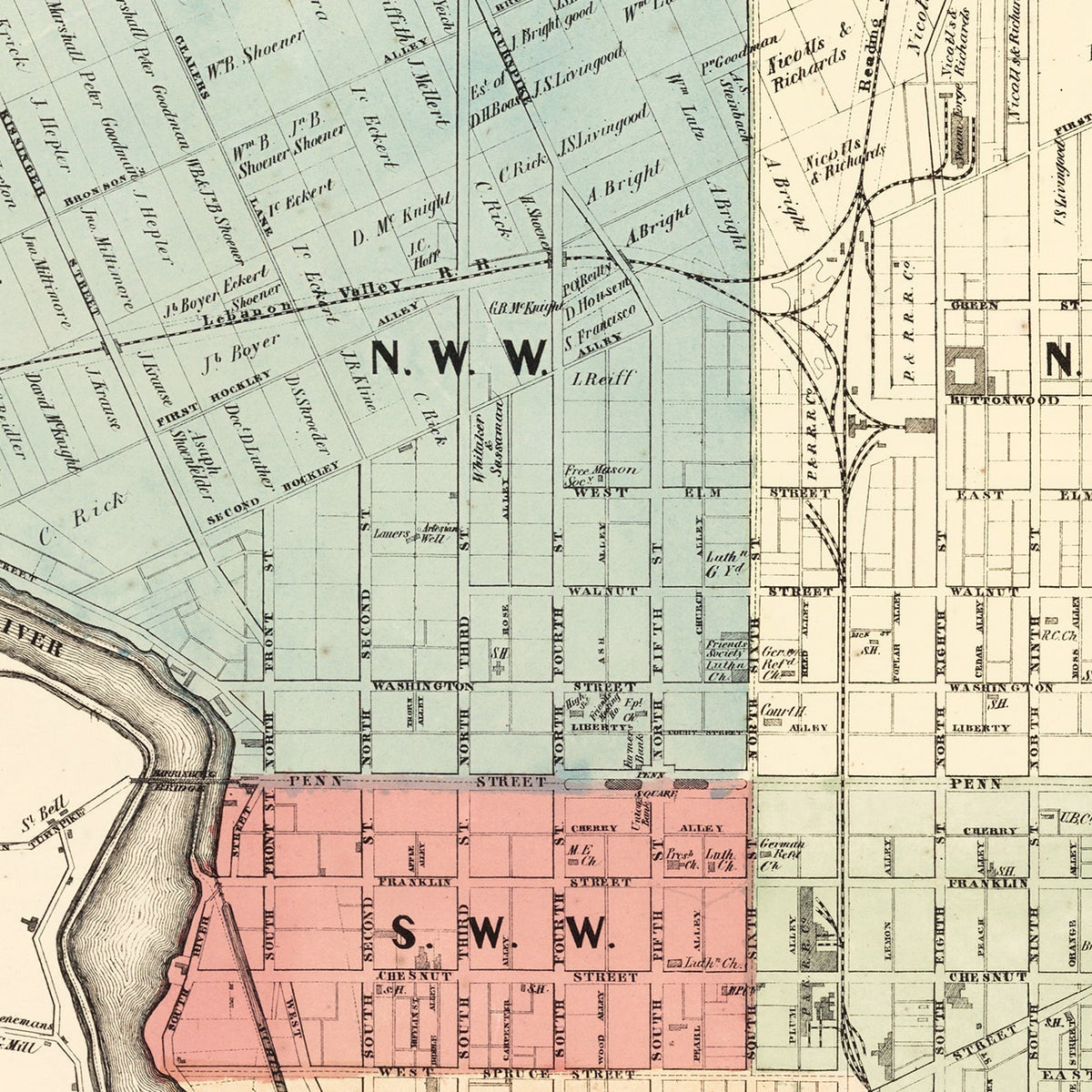 Restored historic details from the 1860 city map of Reading, Pennsylvania