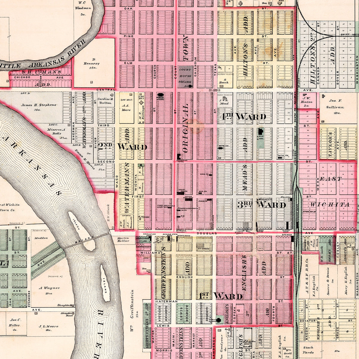Restored historic details from the 1882 city map of Wichita, Kansas