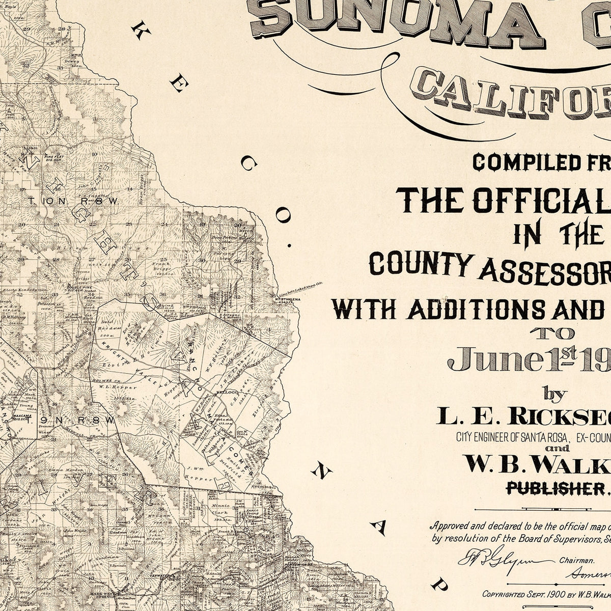 Restored historic details from the 1900 county map of Sonoma County, California