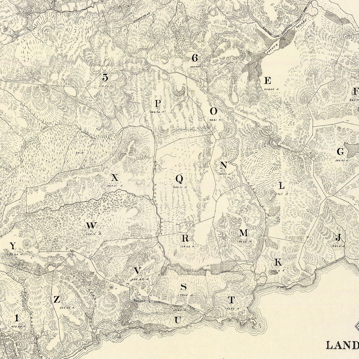Restored historic details from the 1892 region map of Marin County, California