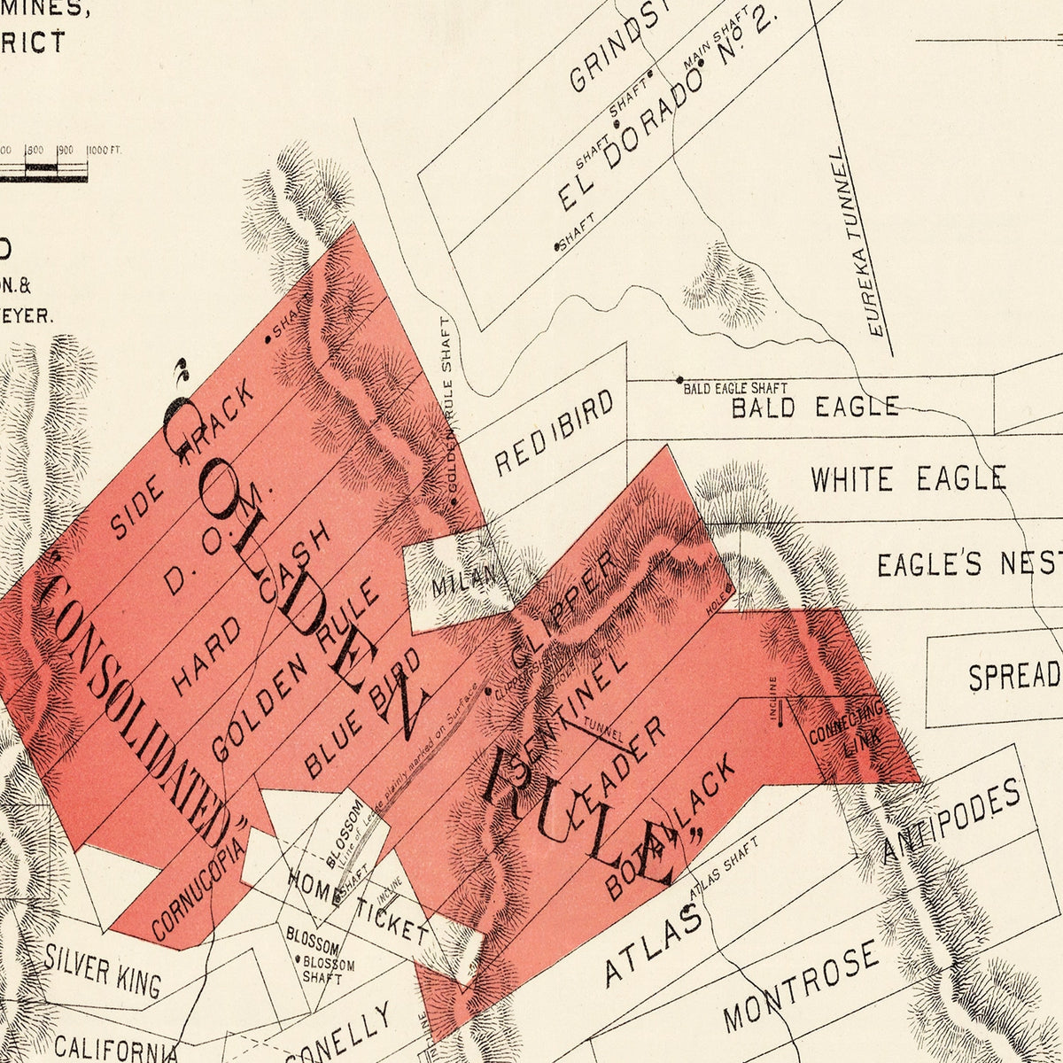Restored historic details from the 1865 region map of County, Nevada