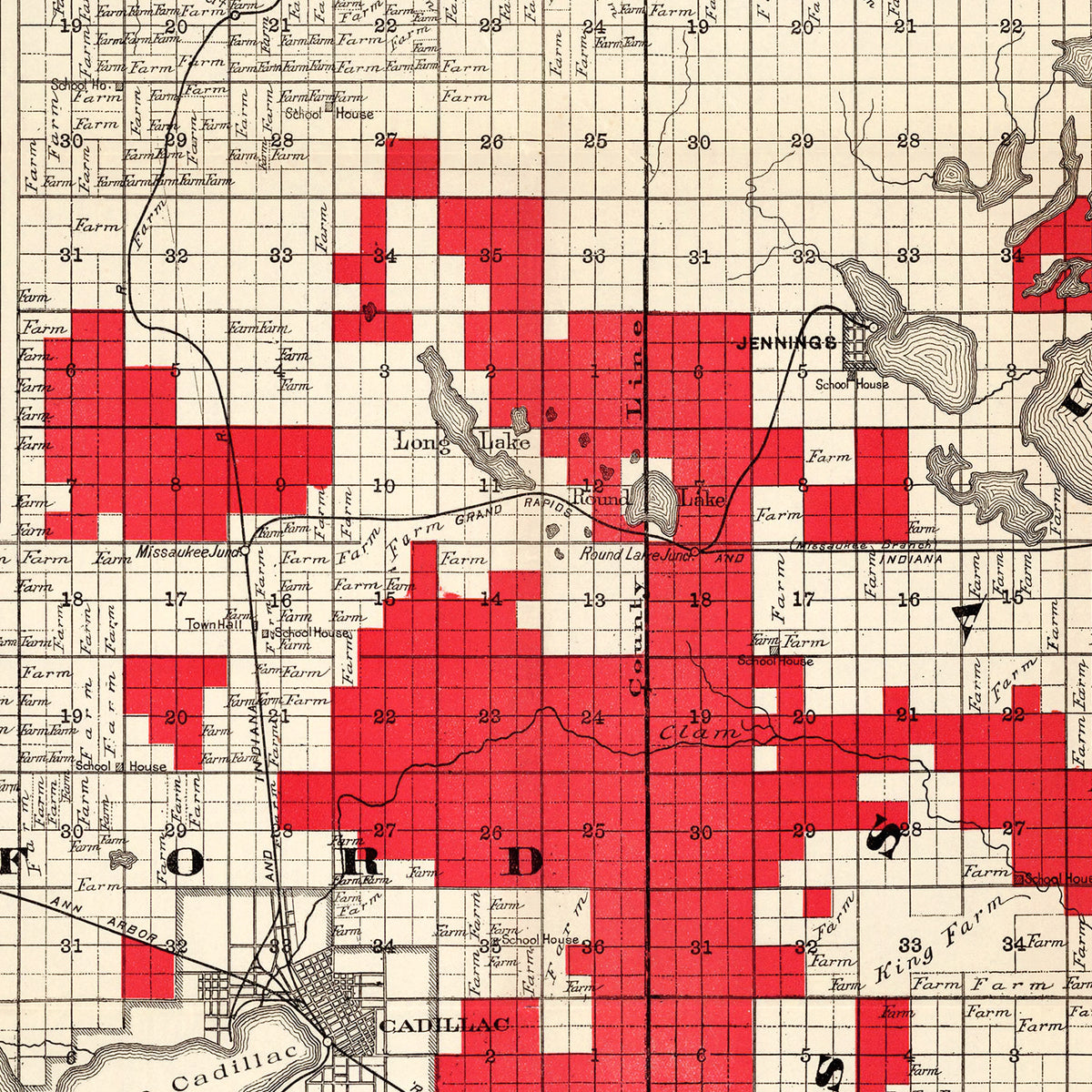 Restored historic details from the 1900 region map of Cadillac, Michigan