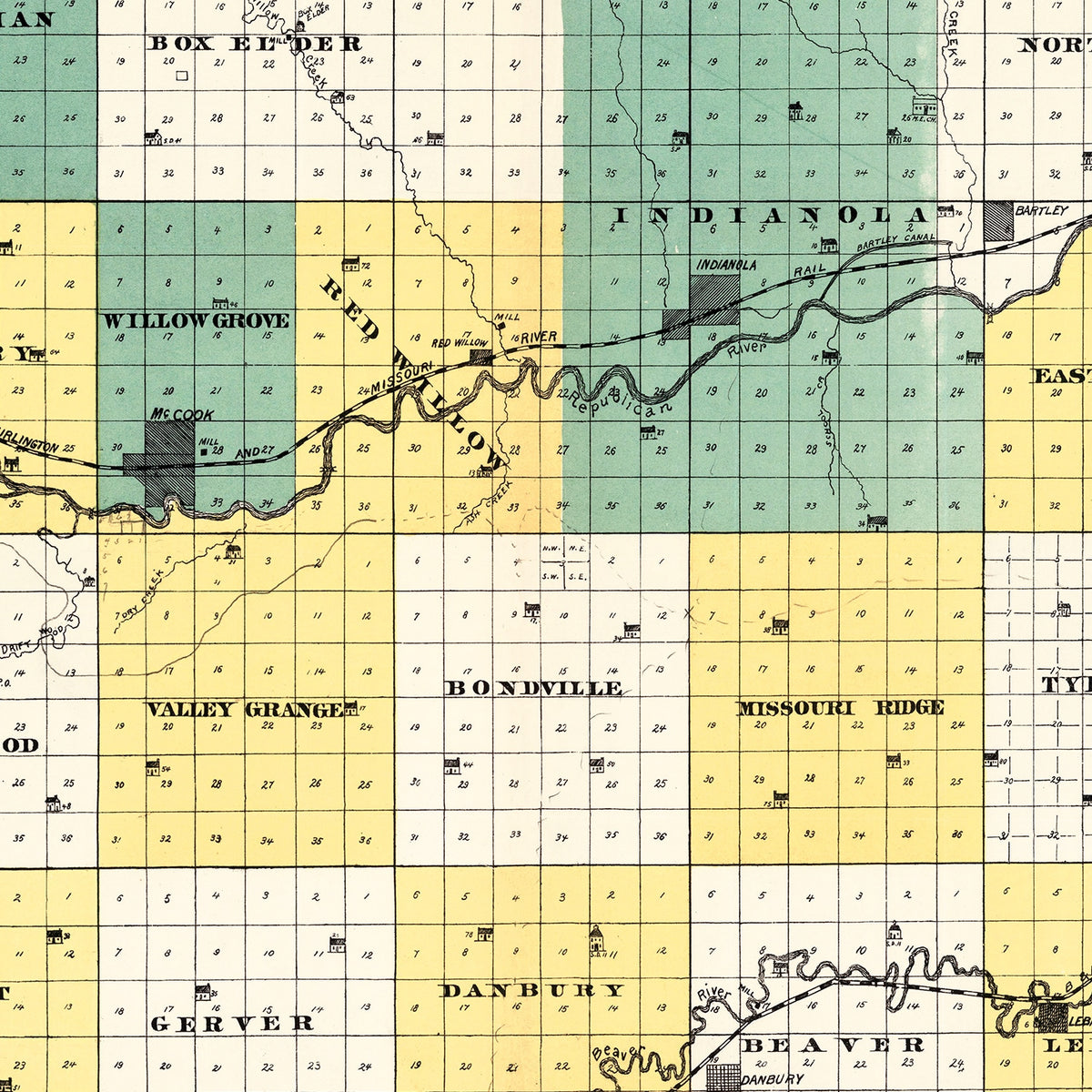 Restored historic details from the 1890 county map of Red Willow County, Nebraska