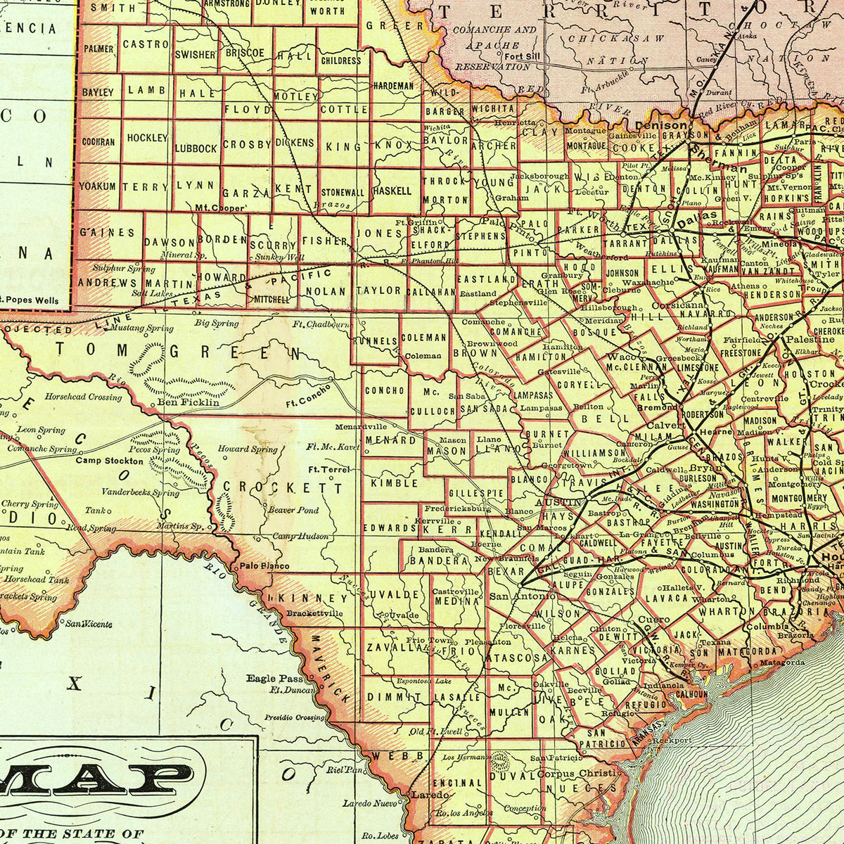 Restored historic details from the 1876 state map of County, Texas