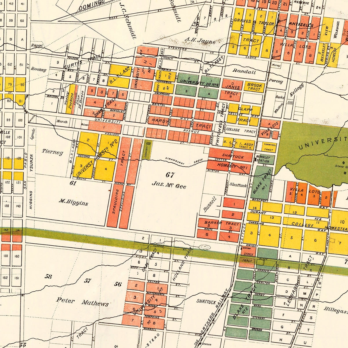 Restored historic details from the 1880 city map of Berkeley, California