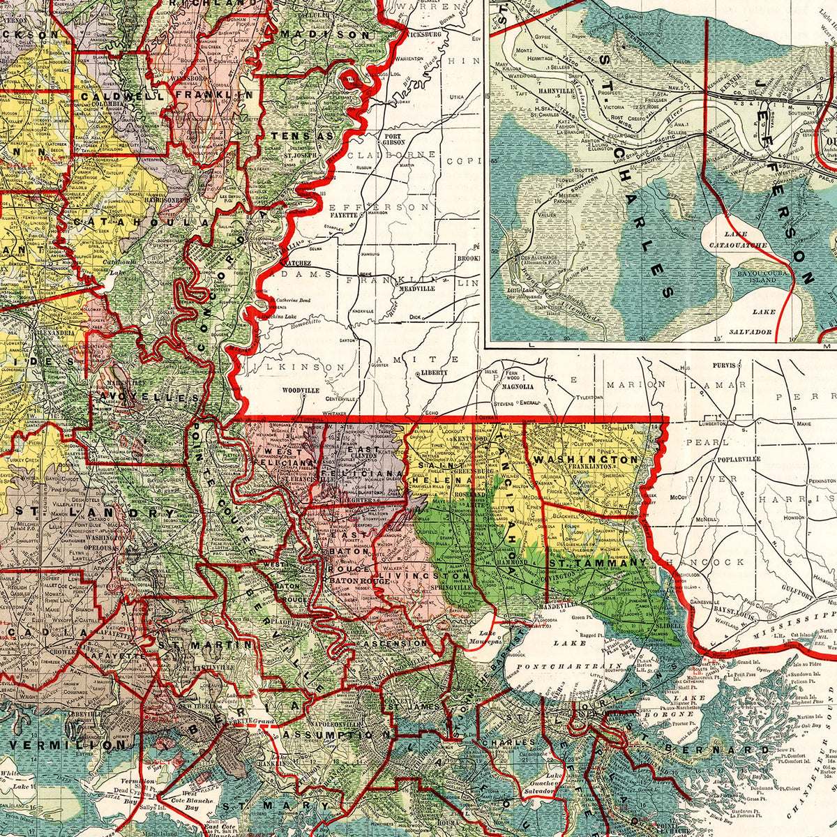 Restored historic details from the 1908 state map of Parish, Louisiana