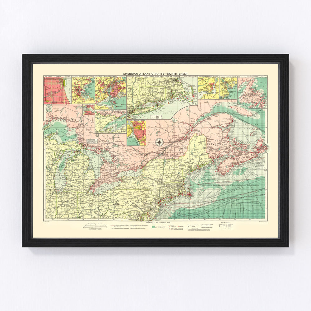 American Atlantic Ports Vintage Map 1922