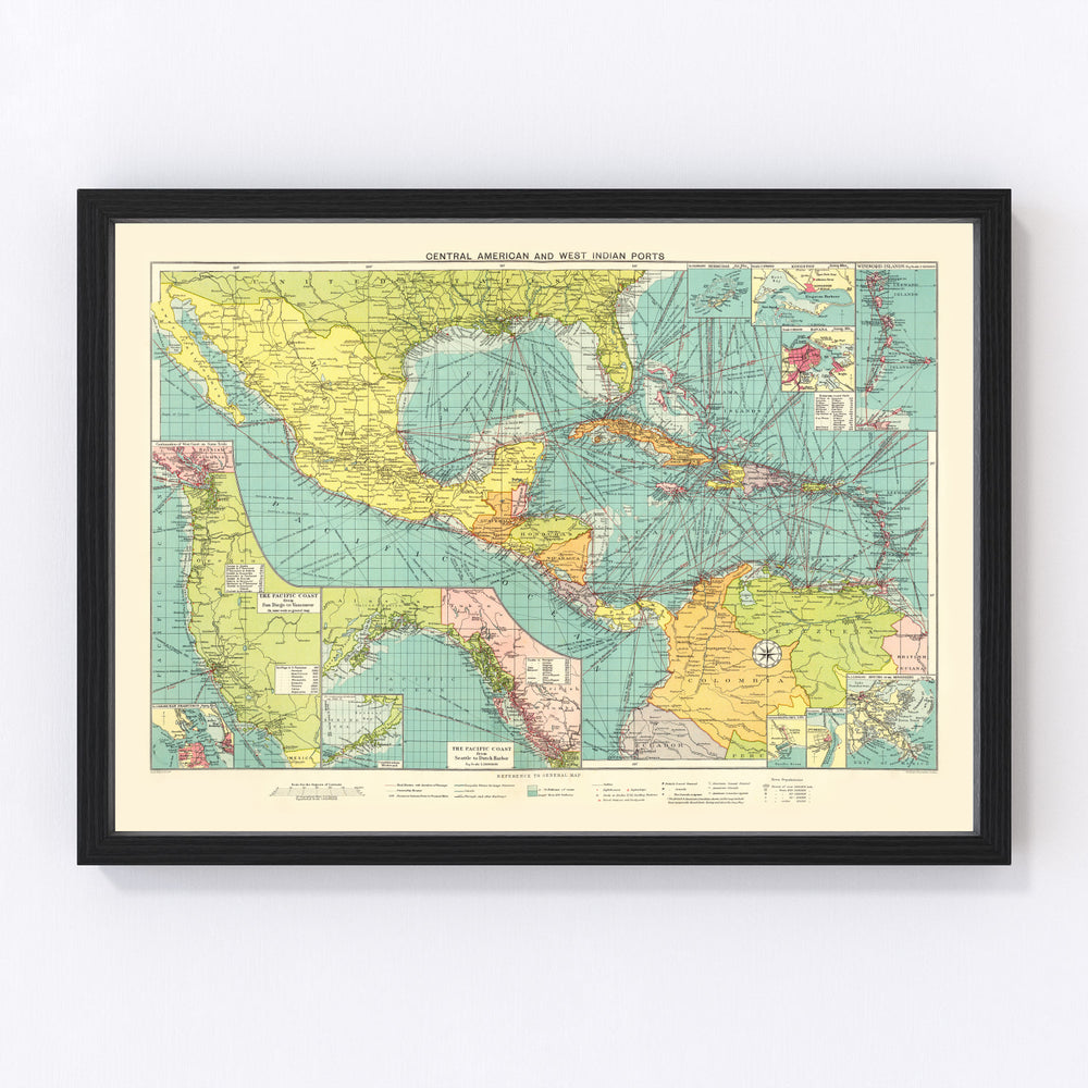 Central American & West Indies Ports Vintage Map 1922