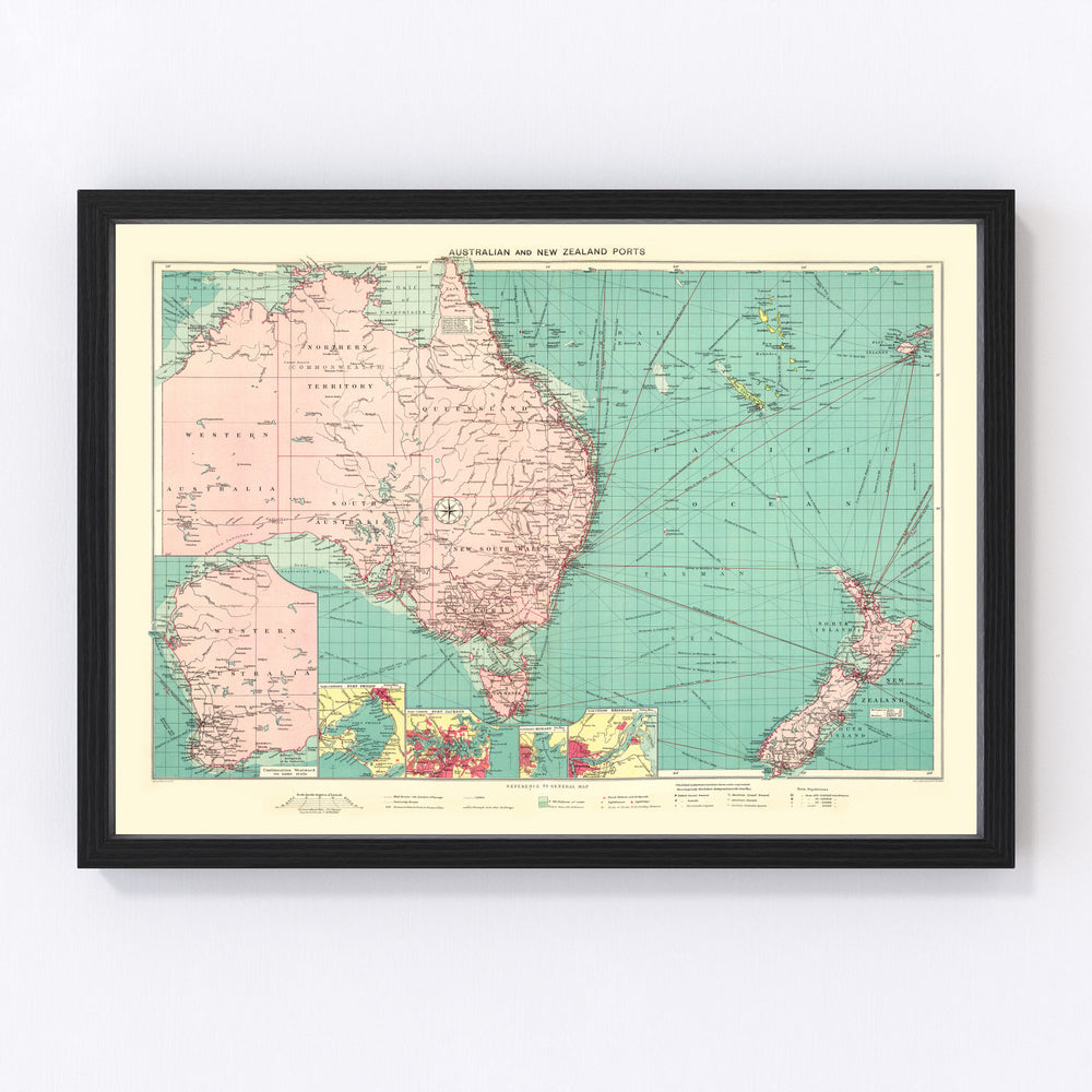 Australia & New Zealand Ports Vintage Map 1922