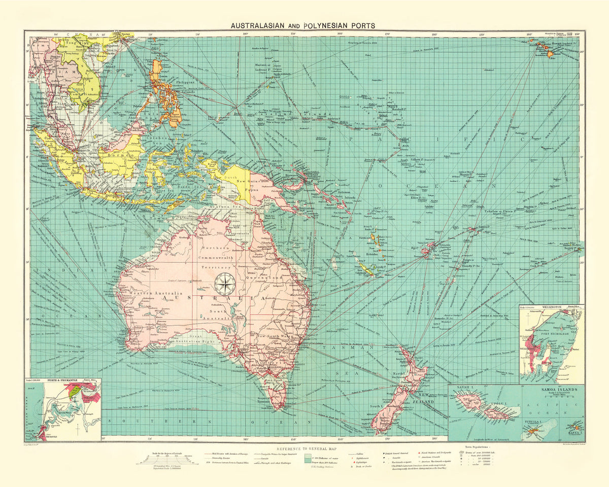 Preview of Vintage Map of Australasian & Polynesian Ports, 1922