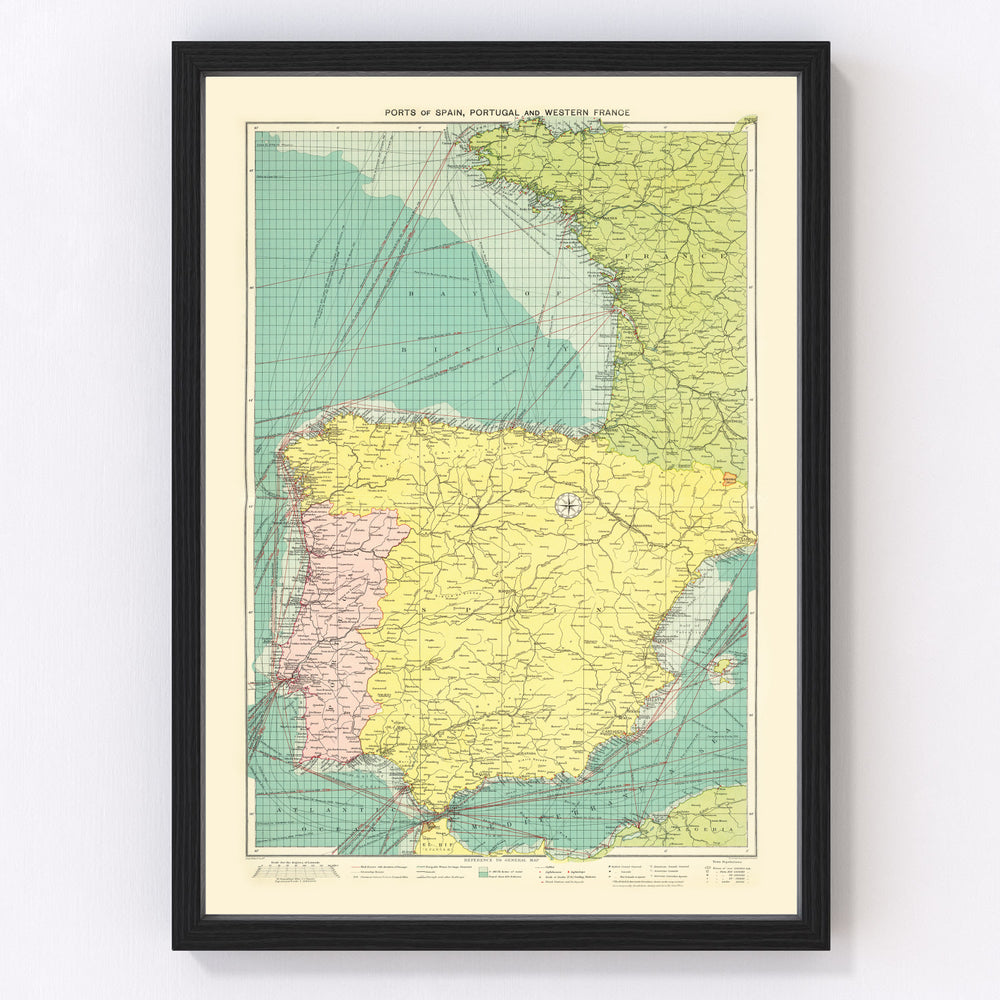 Ports of Spain & Portugal Vintage Map 1922
